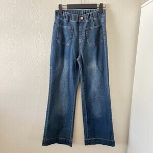 Womens Denim Elastic Waist Patch Pocket Cropped Straight Leg Jeans Sz XS‎ Retro